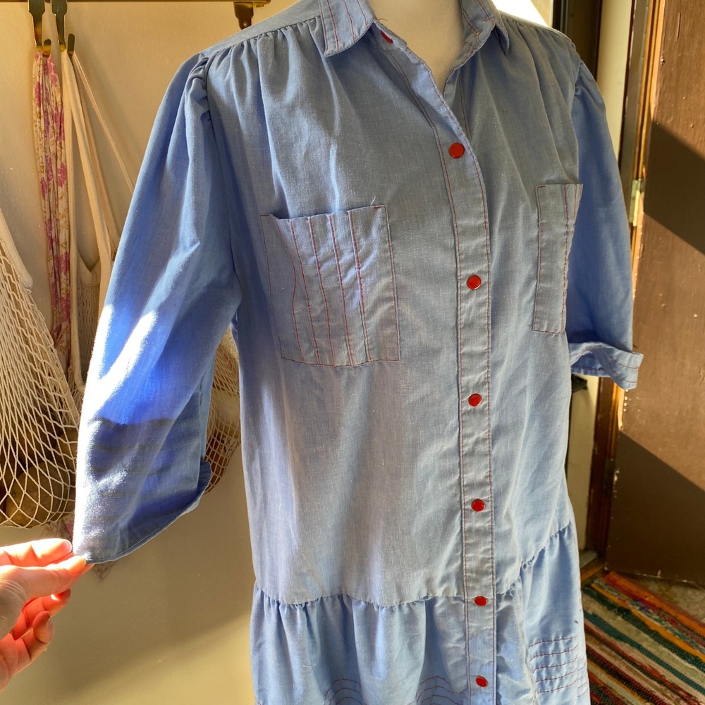 Vintage 1950s Chambray Button Down Blue Midi Drop Waist Dress Large Western Fem - Picture 3 of 5